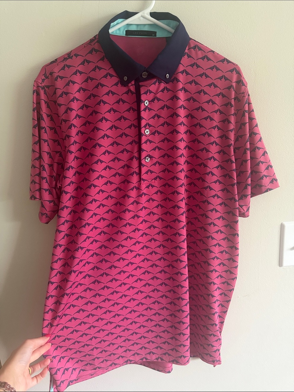 Greyson Pink Polo with Navy Collar and Repeat Shark Pattern